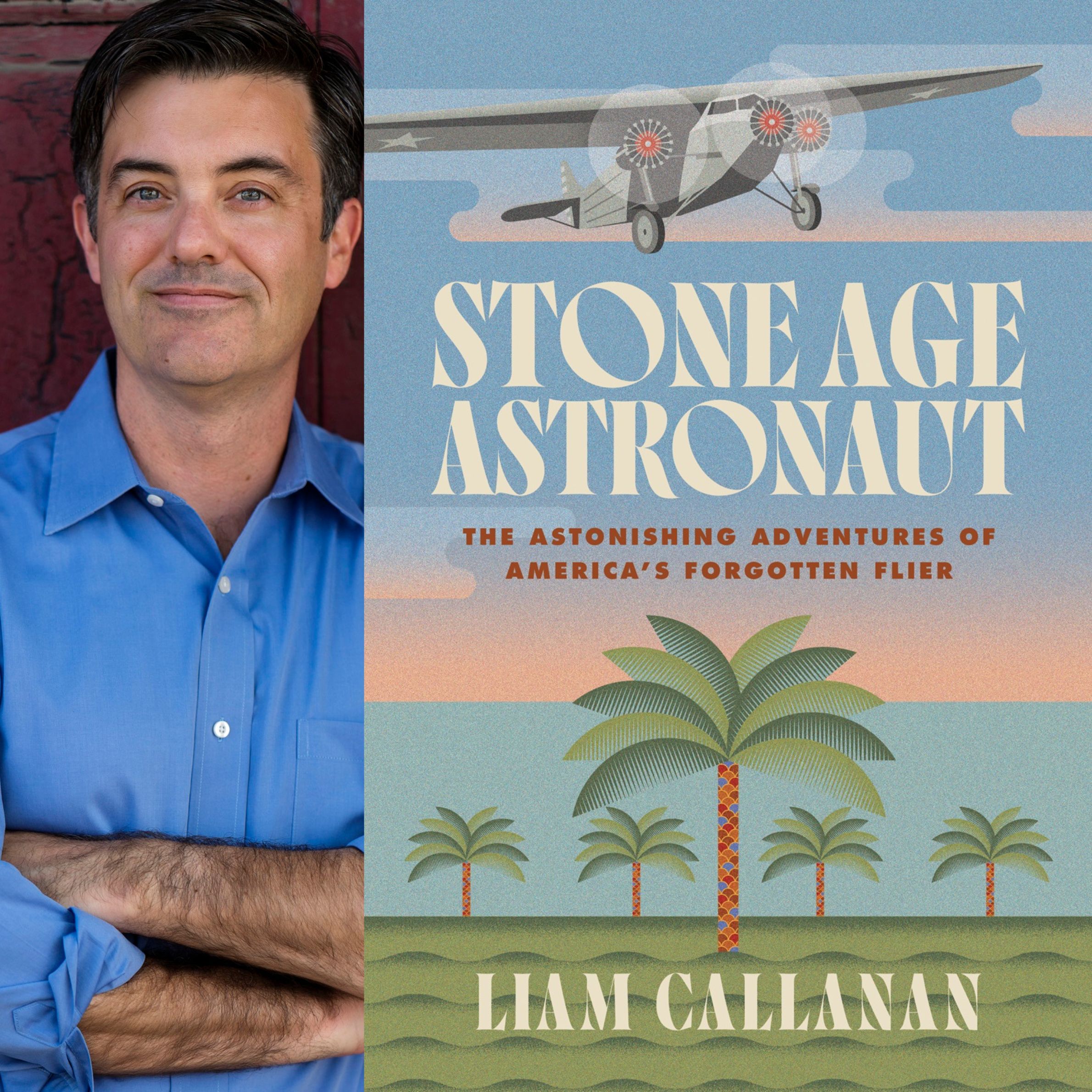 A photo of author Liam Callanan alongside the cover of the book Stone Age Astronaut.